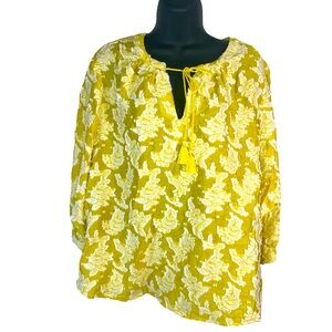 Lemon yellow Jacquard 3D white floral peasant tunic tassel v-neck 3/4 sleeve